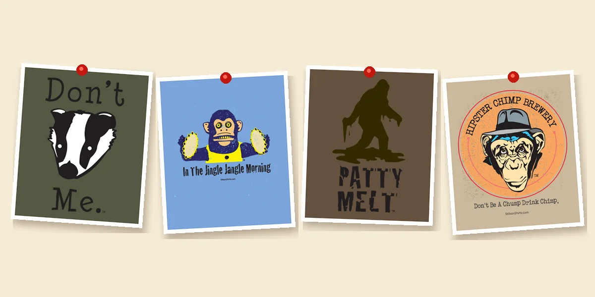 Don't Badger Me, the cymbal monkey, the melting Bigfoot of Patty Melt and the hipster chimp pinned up on a cream board