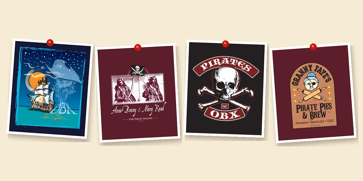 Ghost of Blackbeard, Anne Bonny and Mary Read, the OBX pirates' motorcycle club and Granny Faye's Pirate Pies pinned up on a cream board