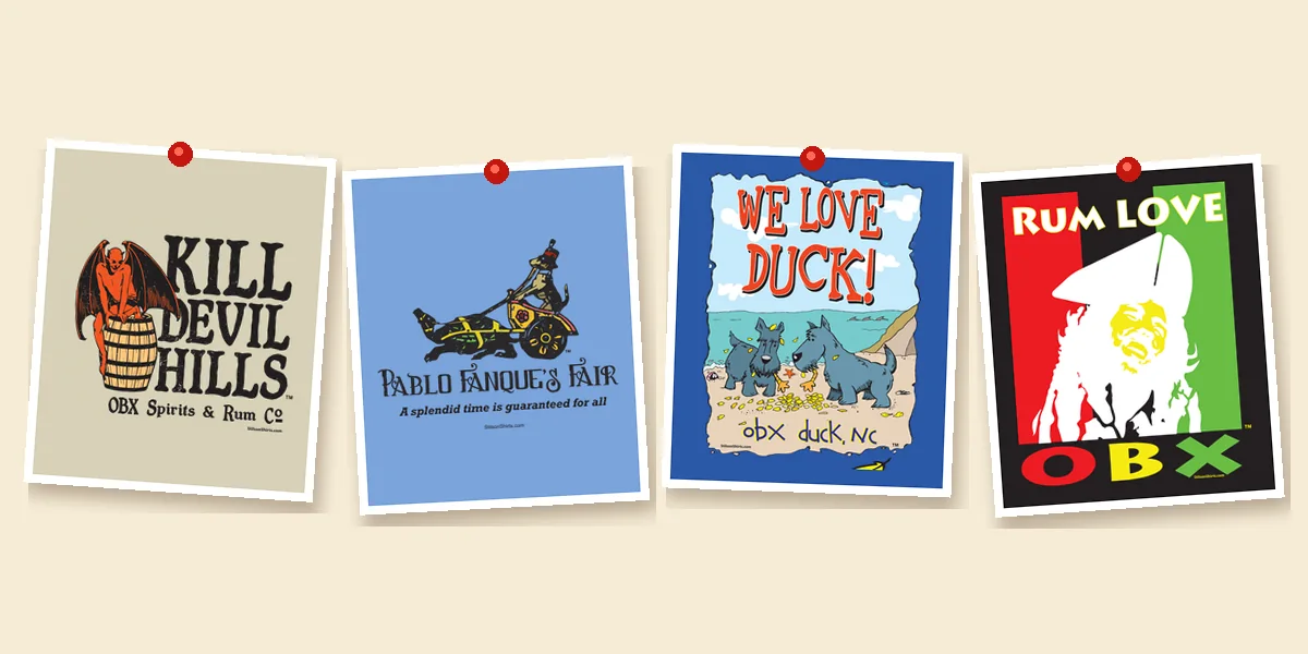 Pinned Season Two cards: Kill Devil Hills rum, the Victorian circus wagon, We Love Duck and Rum Love OBX