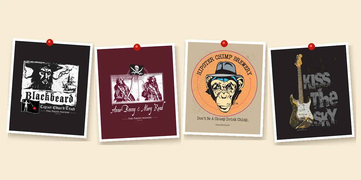 Pinned Season Three cards: woodcut Blackbeard, Anne Bonny and Mary Read, a hipster chimp and a road-worn sunburst guitar