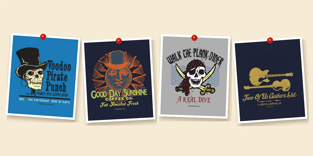 Pinned Season Five cards: Voodoo Pirate Punch, the top-hat sun coffee sign, Walk the Plank Diner and twin gold guitars