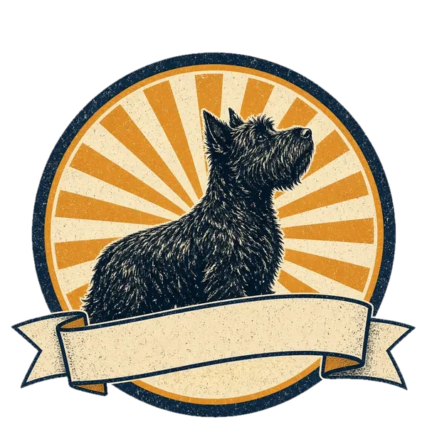 Illustrated Scottish Terrier in a retro sunburst badge