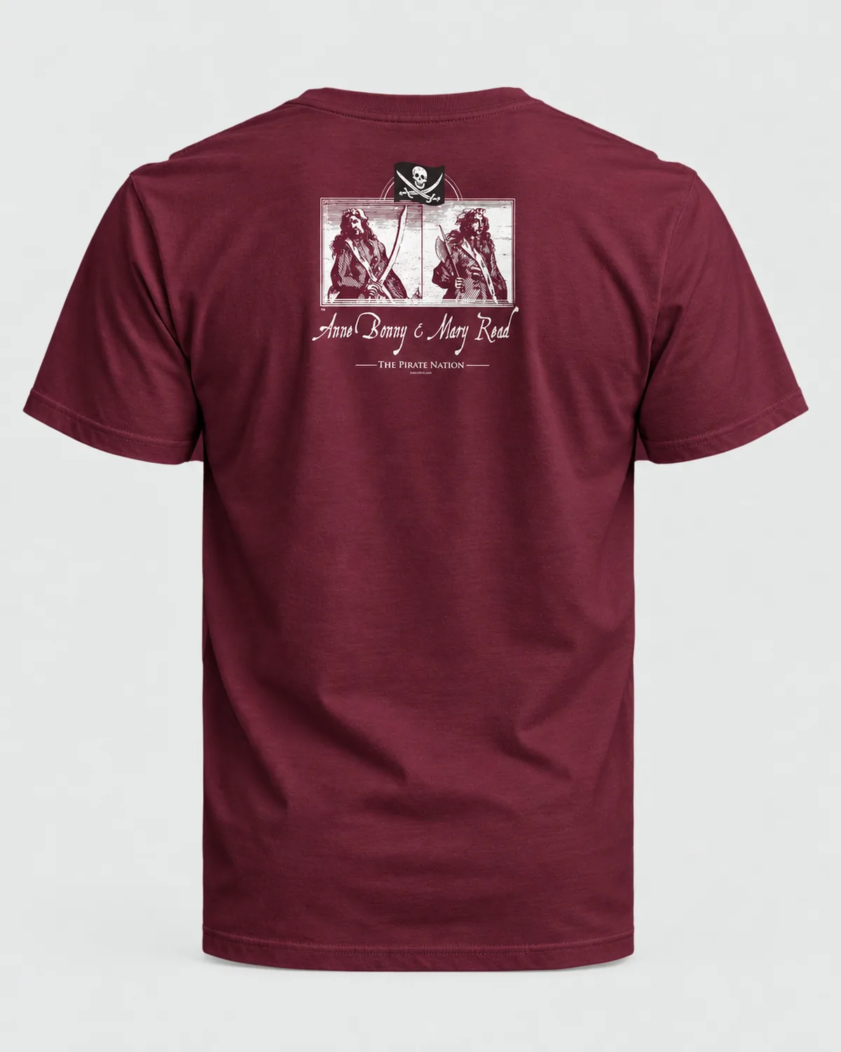 Anne Bonny & Mary Read tee on a maroon tee, back view