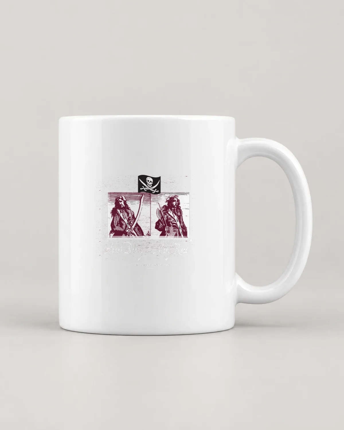 Anne Bonny & Mary Read tee on a ceramic mug