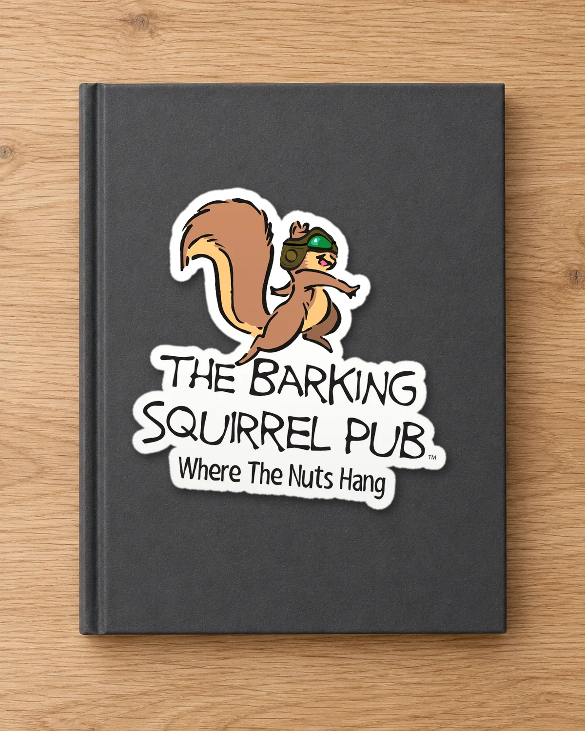Barking Squirrel Pub tee on a die-cut sticker