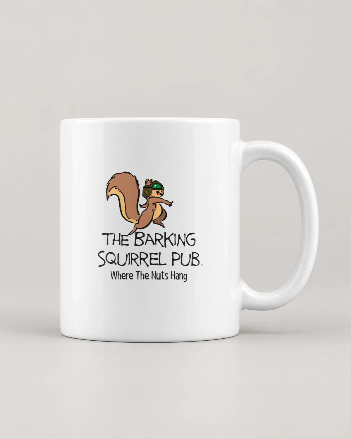 Barking Squirrel Pub tee on a ceramic mug