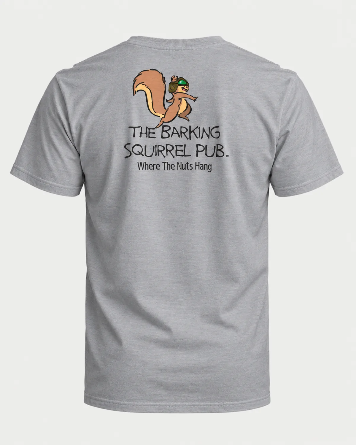 Barking Squirrel Pub tee on a sport grey tee, back view