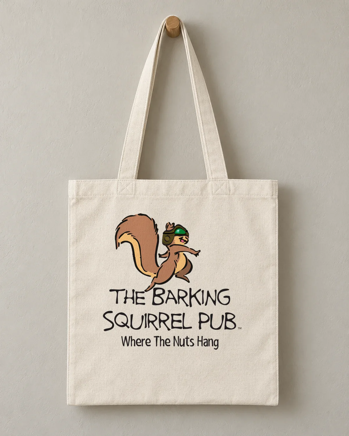 Barking Squirrel Pub tee on a cotton tote