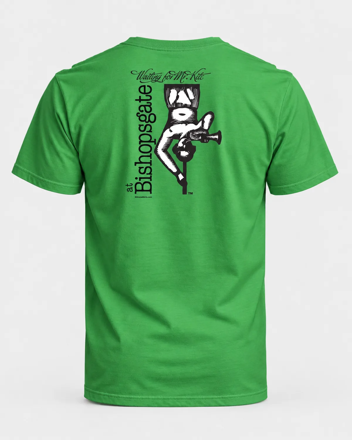 Bishopsgate Acrobat tee on a irish green tee, back view