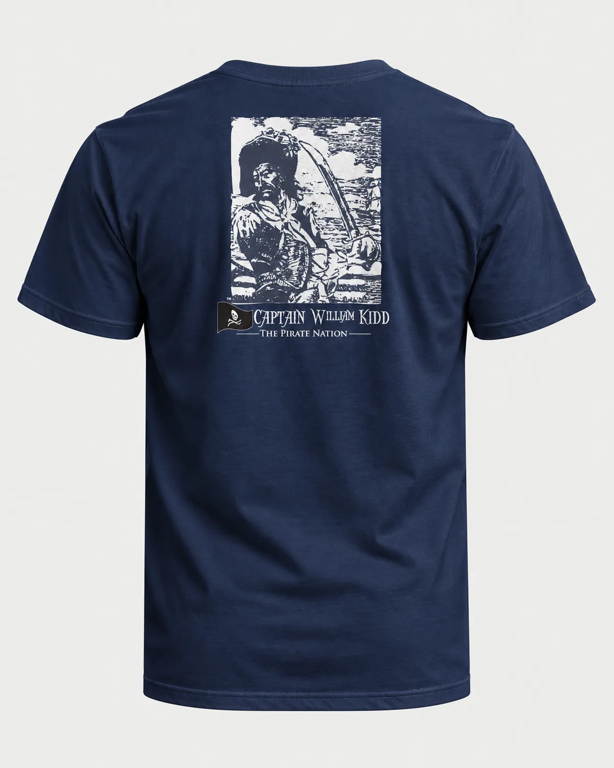Captain William Kidd tee on a navy tee, back view