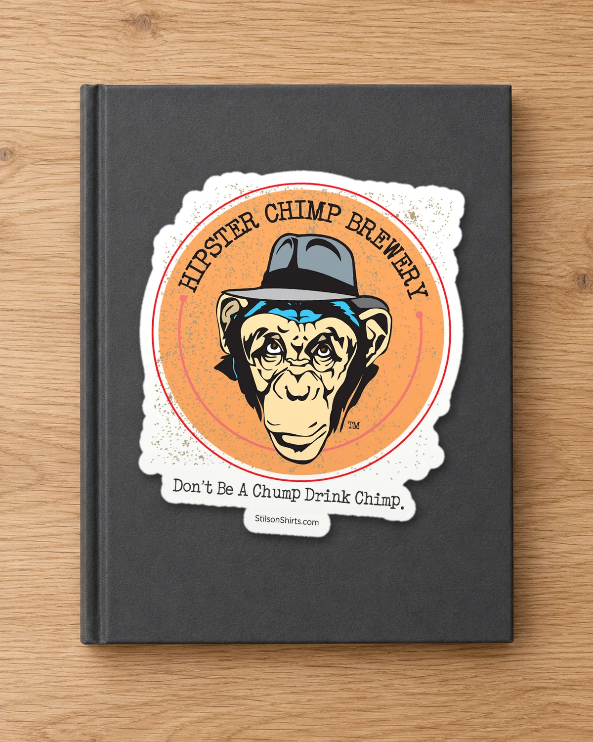Hipster Chimp Brewery tee on a die-cut sticker
