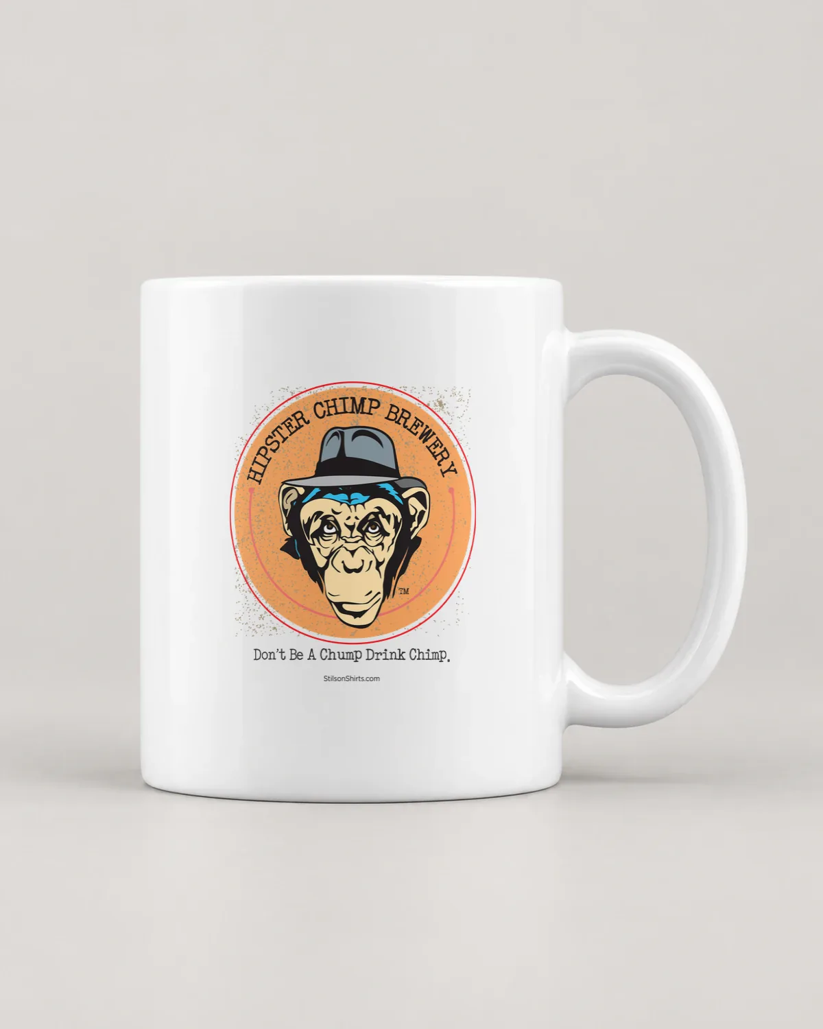 Hipster Chimp Brewery tee on a ceramic mug