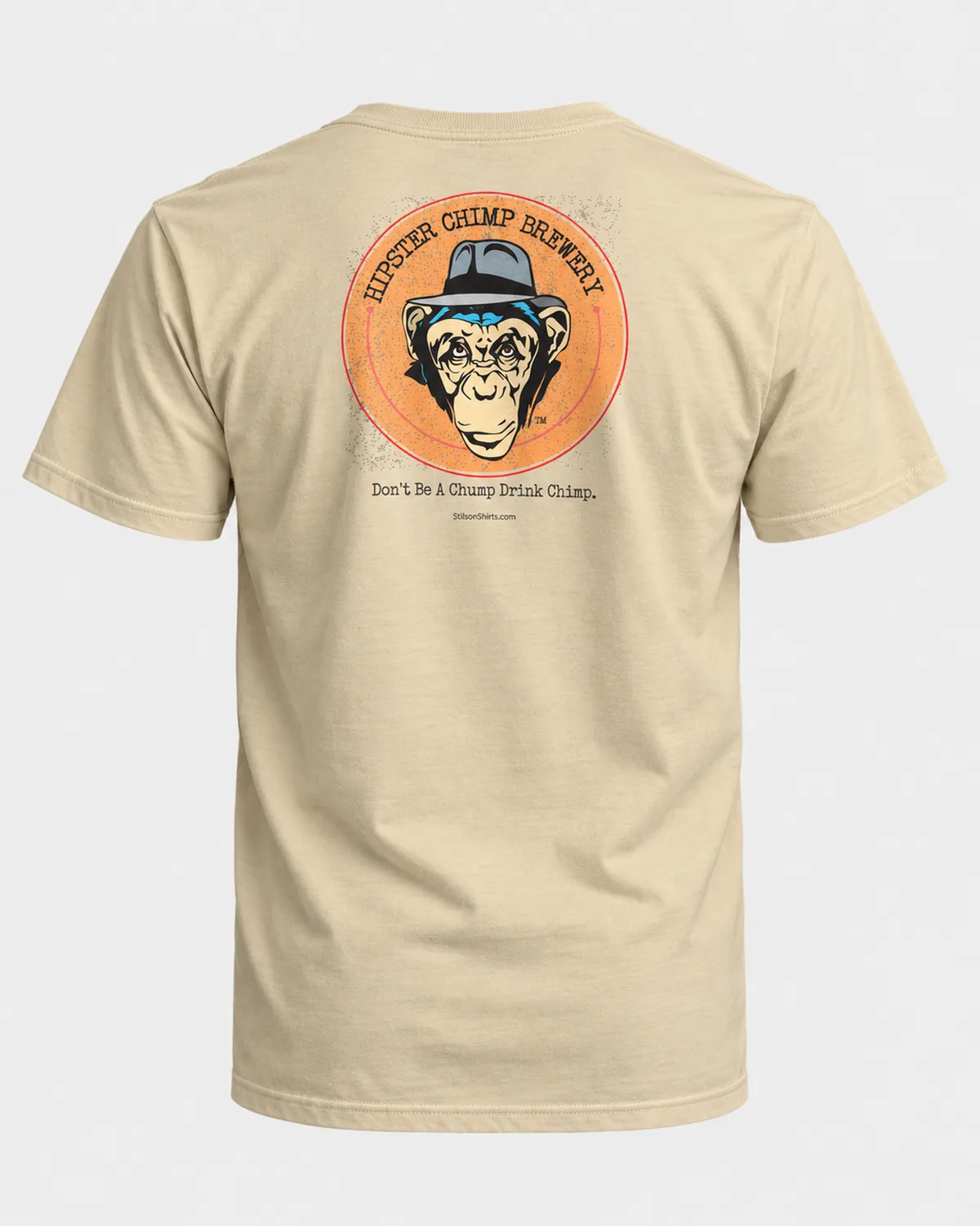 Hipster Chimp Brewery tee on a sand tee, back view