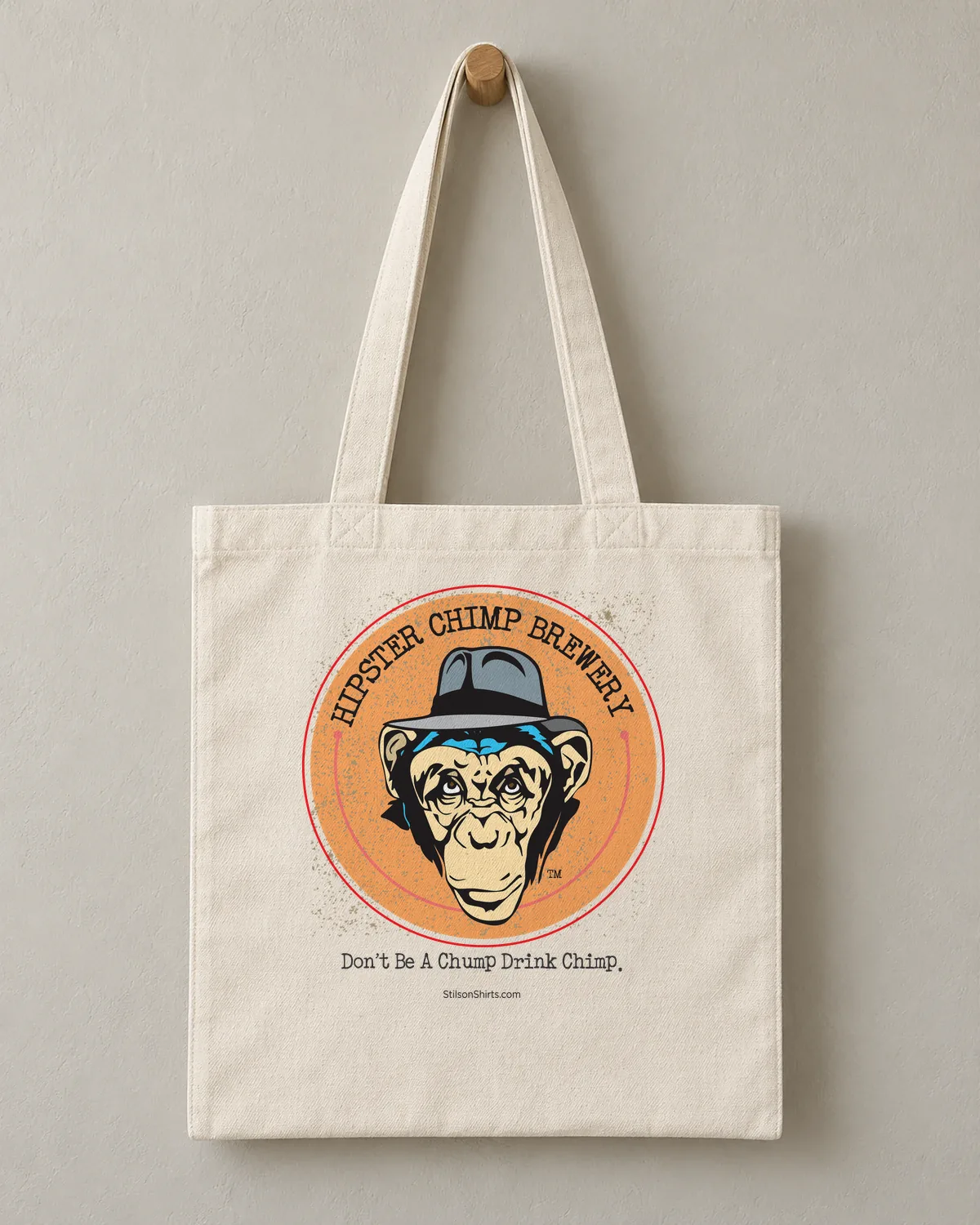 Hipster Chimp Brewery tee on a cotton tote