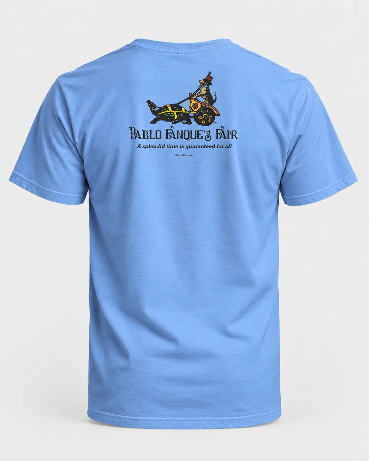 Victorian Circus Fair tee on a carolina blue tee, back view