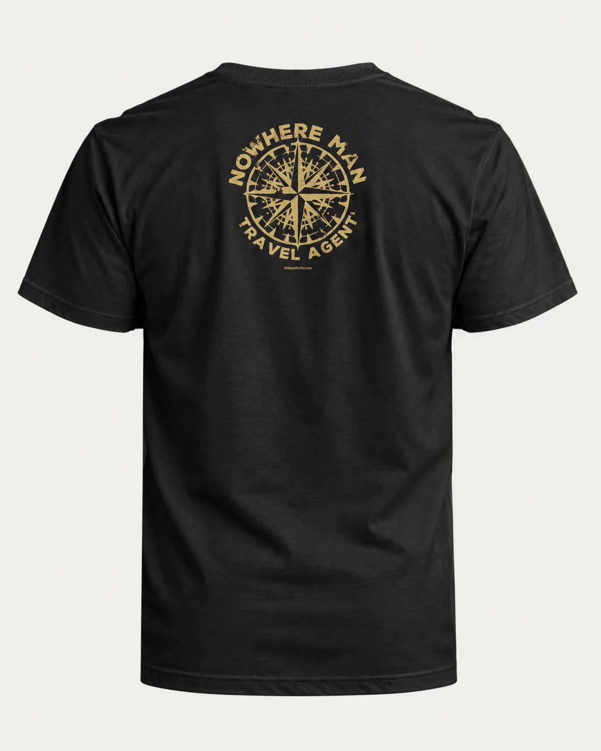 Compass Rose Travel Agent tee on a black tee, back view