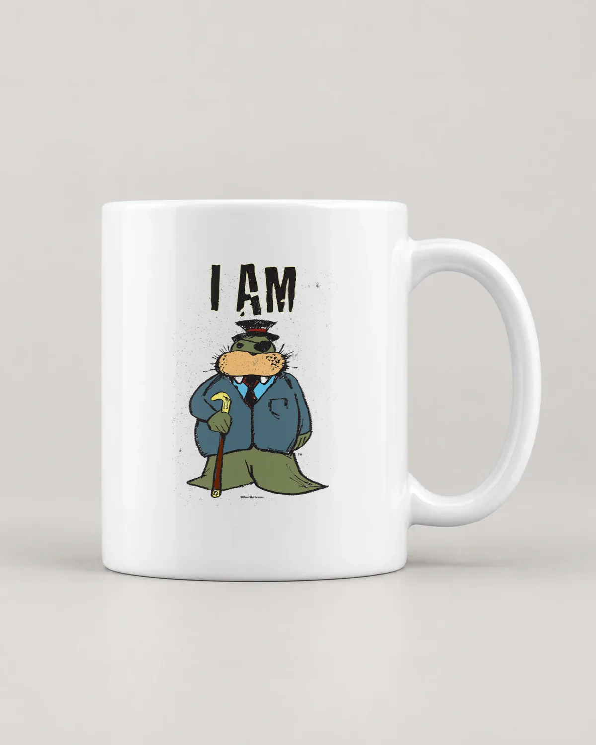 The Dapper Walrus tee on a ceramic mug
