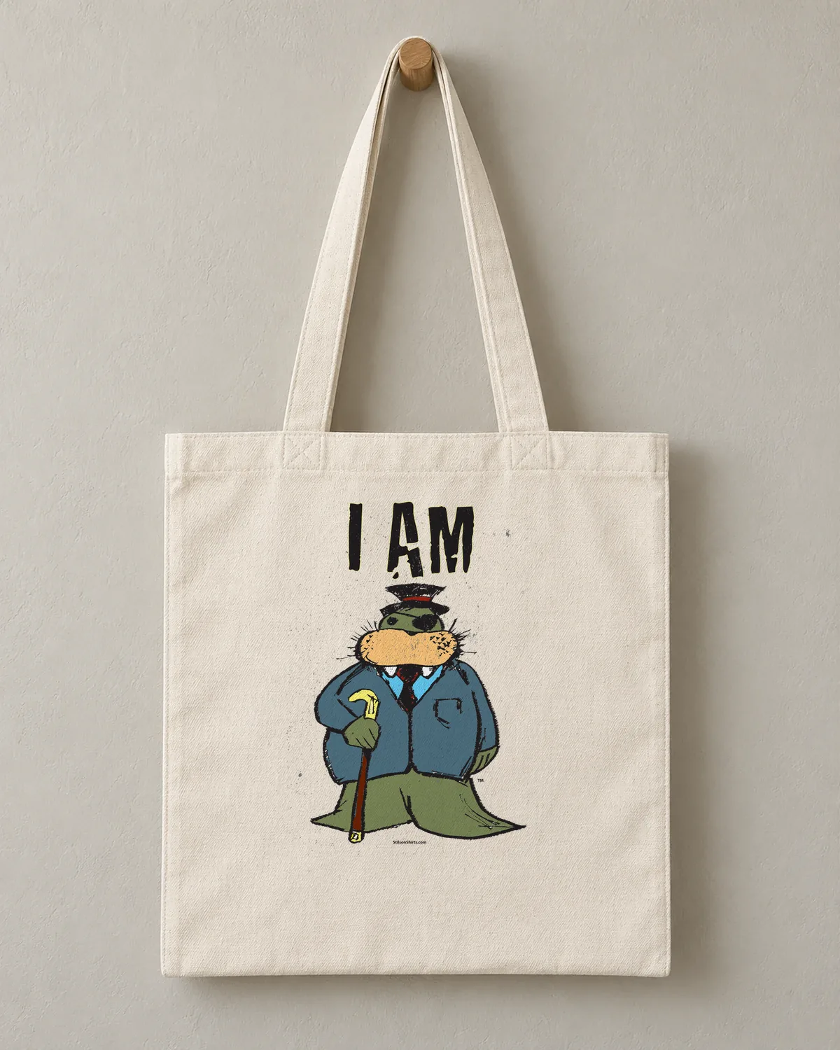 The Dapper Walrus tee on a cotton tote