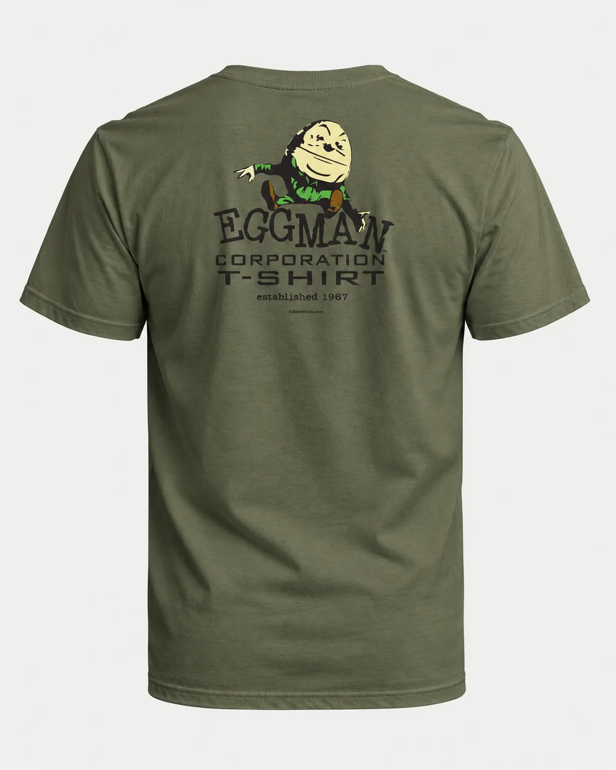 Egg Man Corporation tee on a military green tee, back view