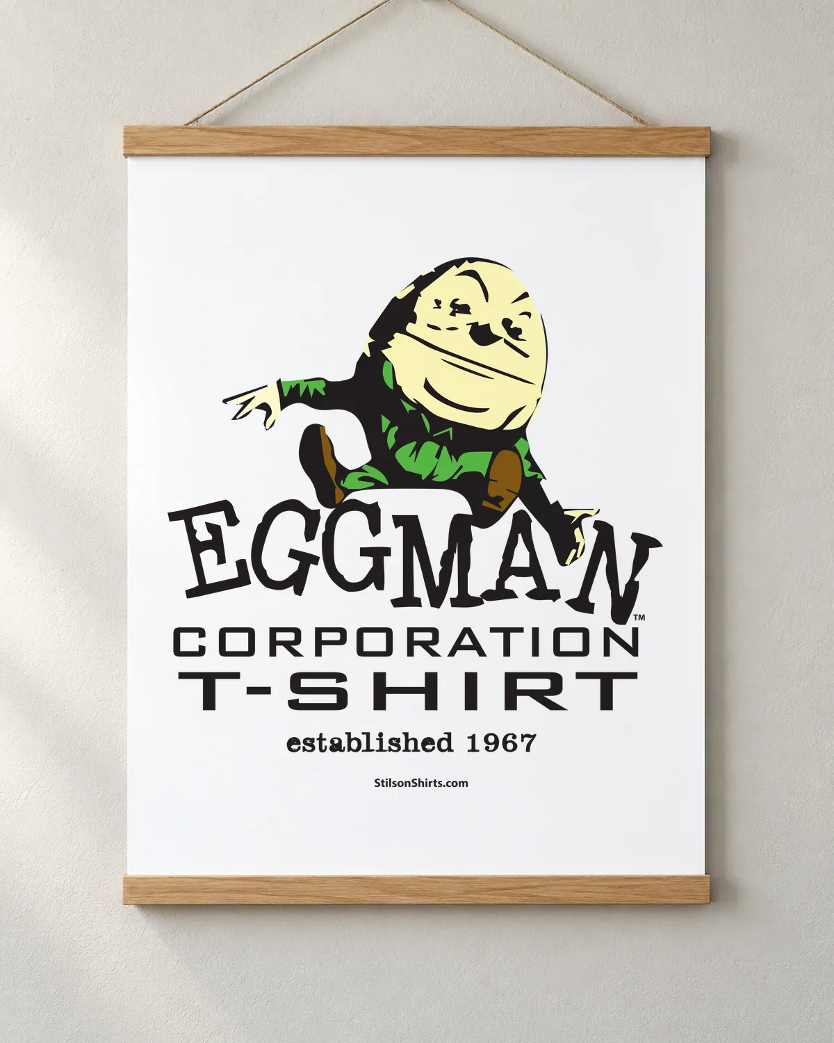 Egg Man Corporation tee on a matte poster