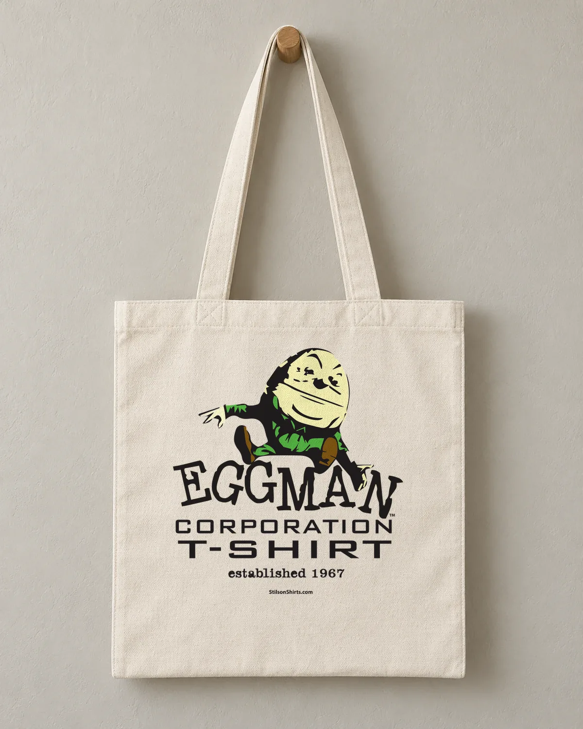 Egg Man Corporation tee on a cotton tote