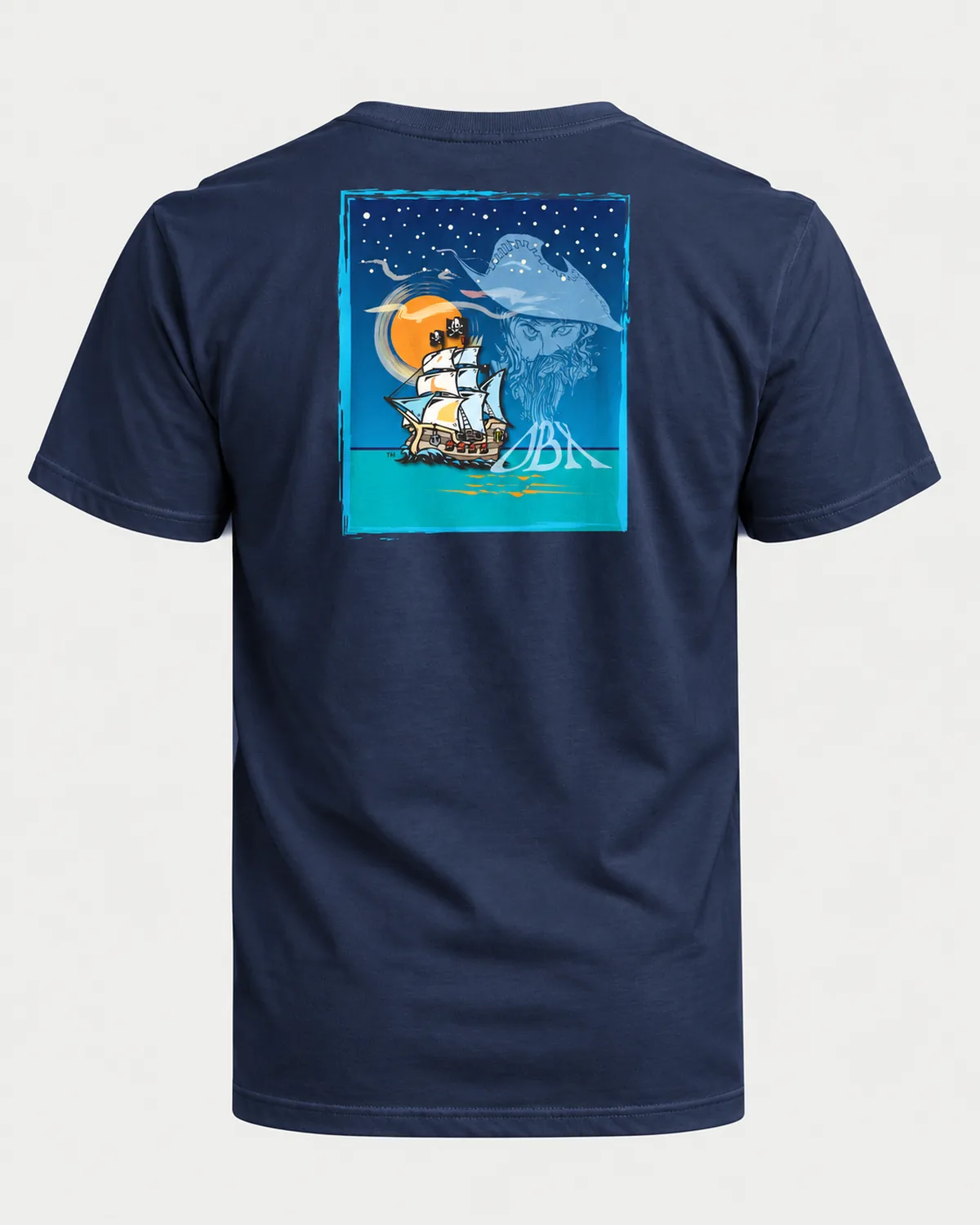Ghost of Blackbeard tee printed on the back of a navy tee
