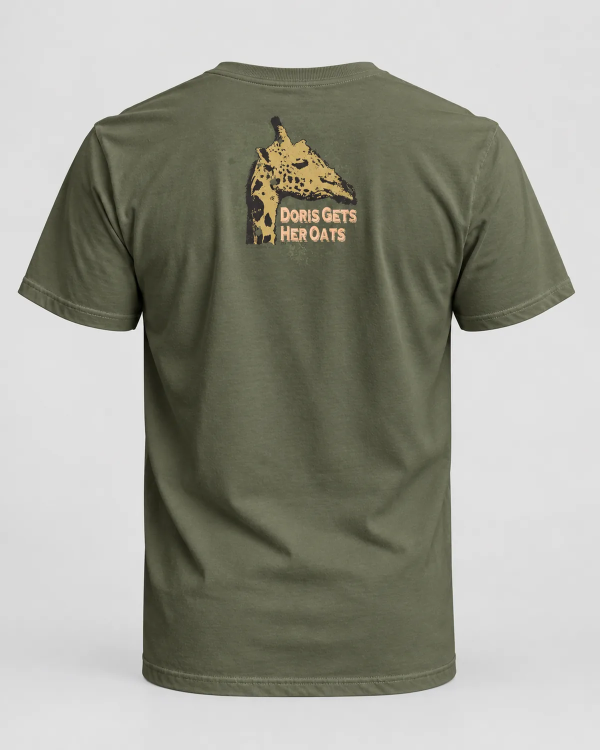 Giraffe Gets Her Oats tee on a military green tee, back view