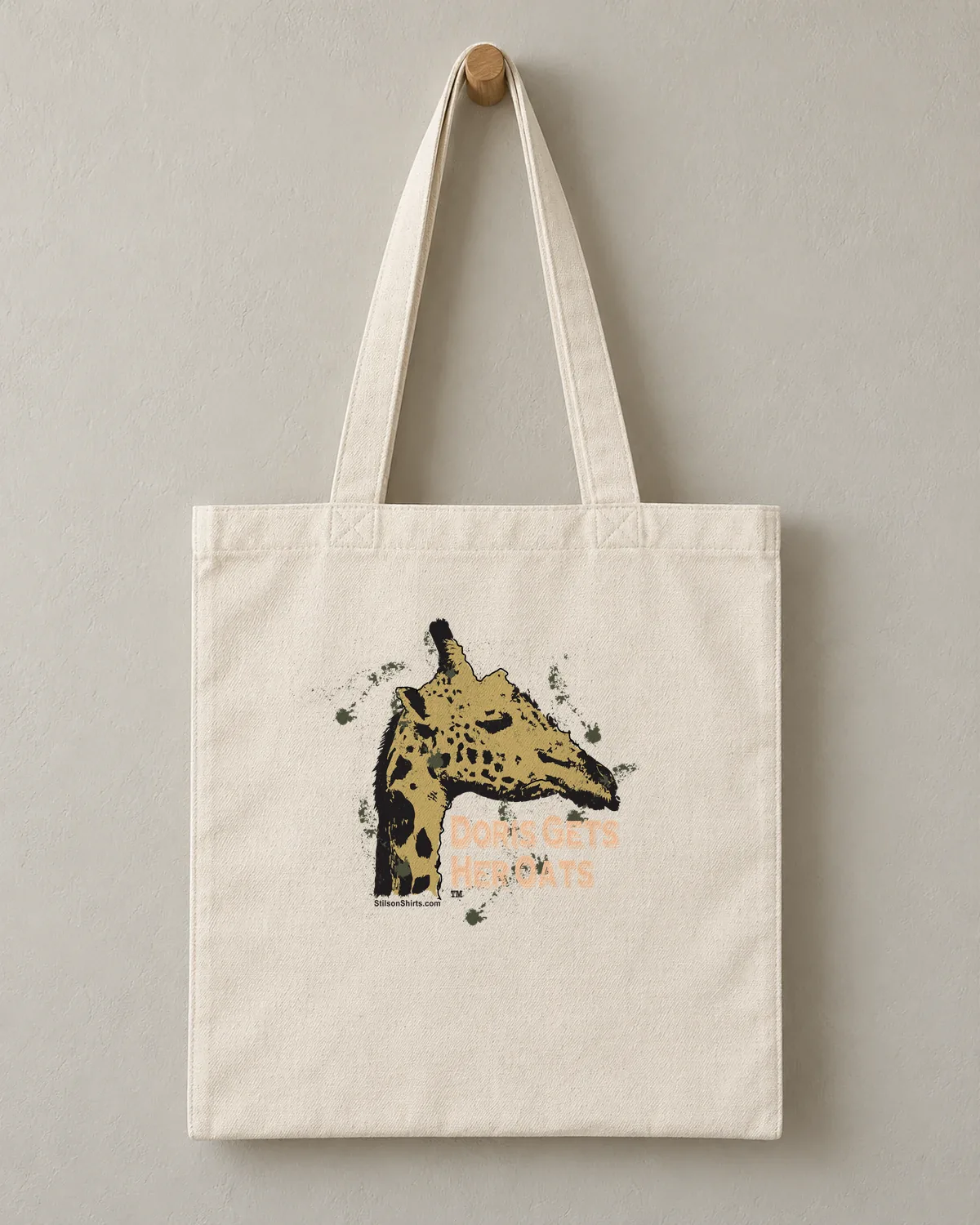 Giraffe Gets Her Oats tee on a cotton tote