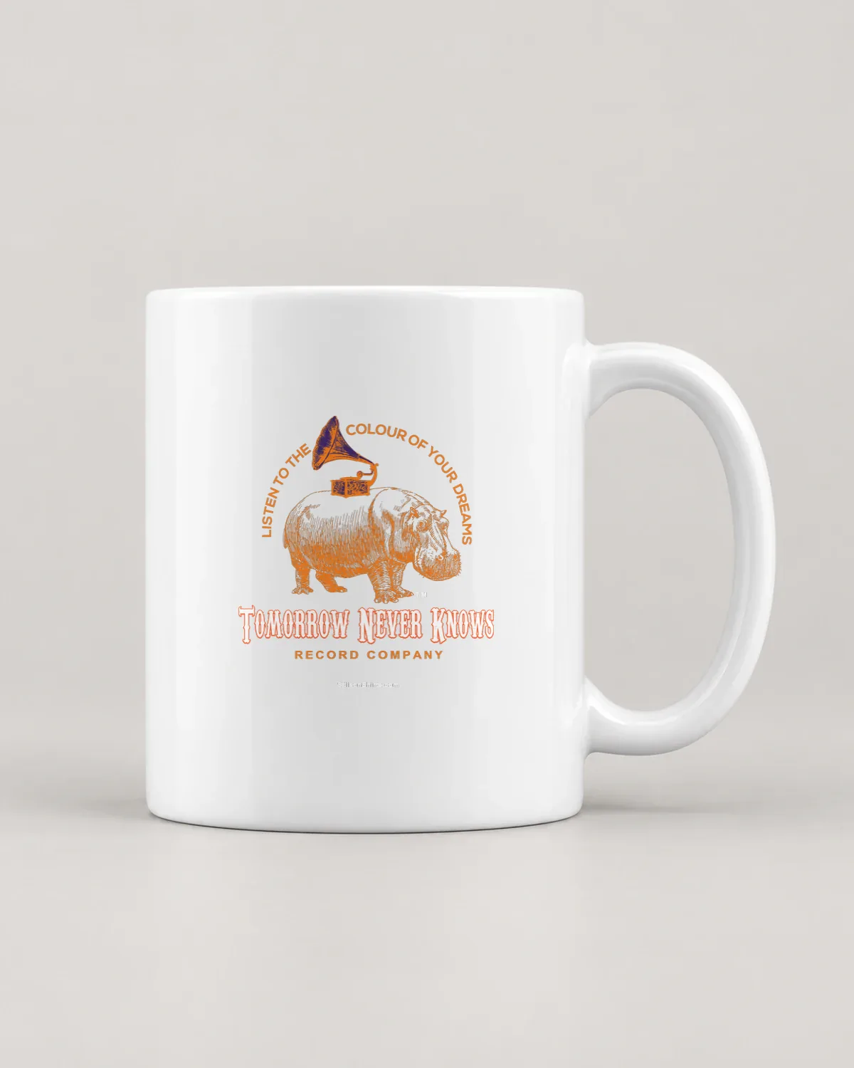 Gramophone Hippo Records tee on a ceramic mug