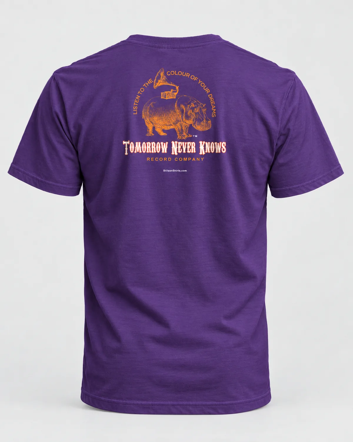 Gramophone Hippo Records tee on a purple tee, back view