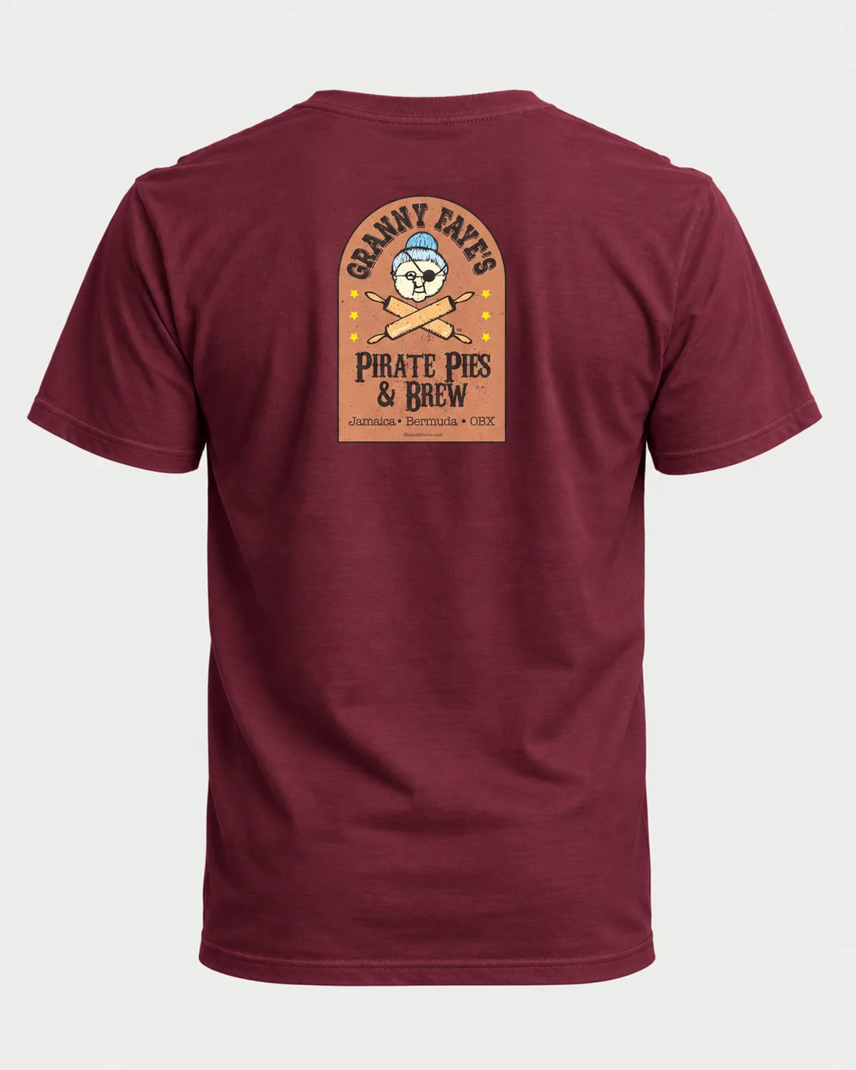 Granny Faye's Pirate Pies & Brew tee on a maroon tee, back view