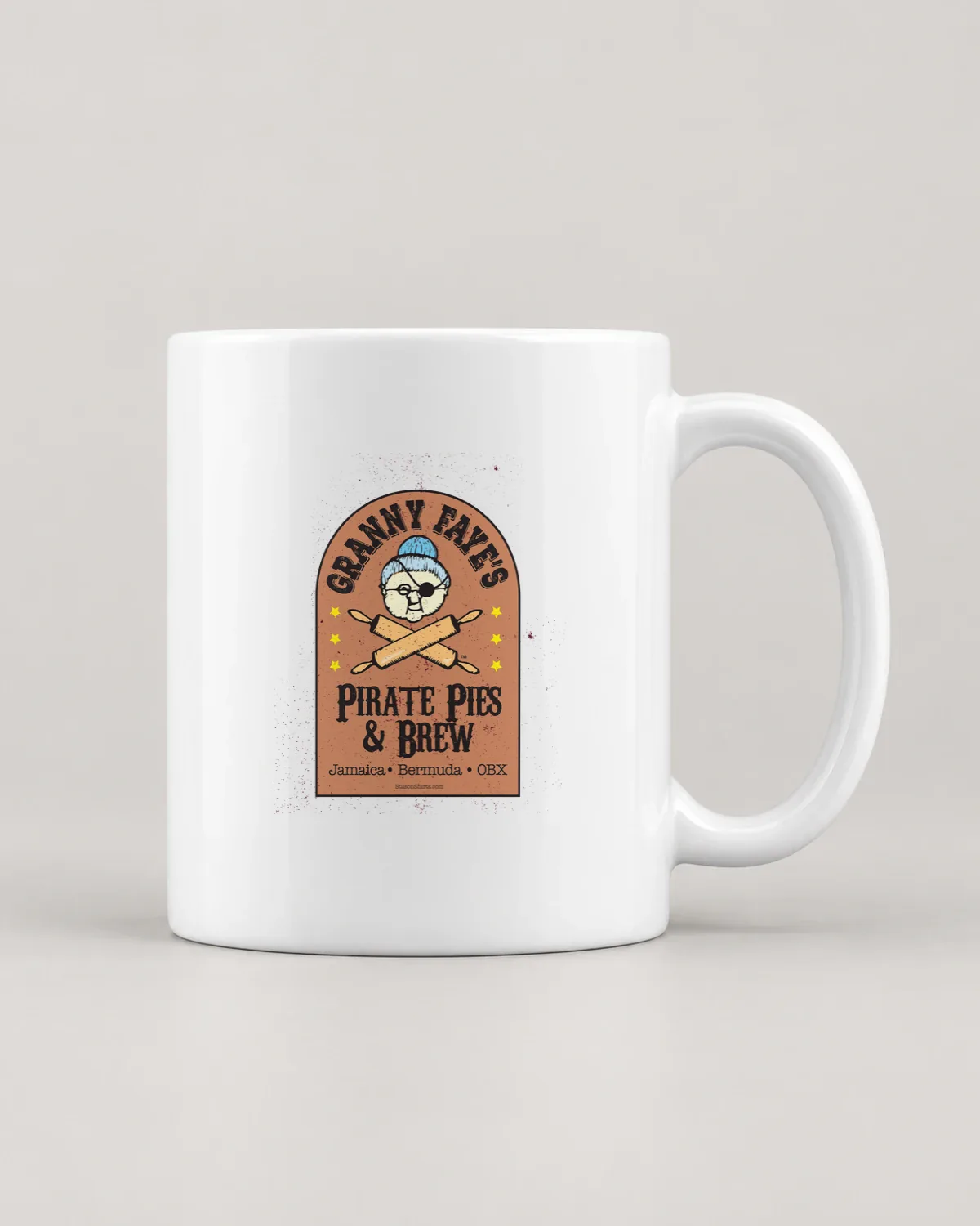 Granny Faye's Pirate Pies & Brew tee on a ceramic mug