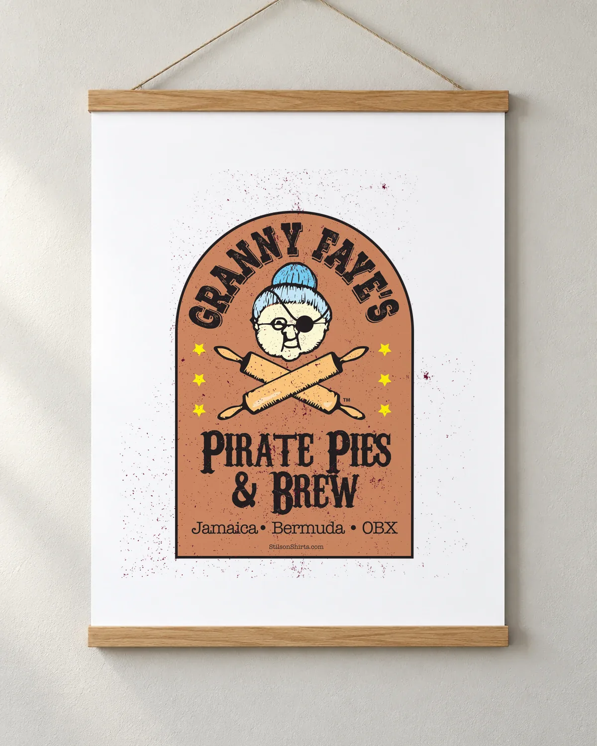 Granny Faye's Pirate Pies & Brew tee on a matte poster