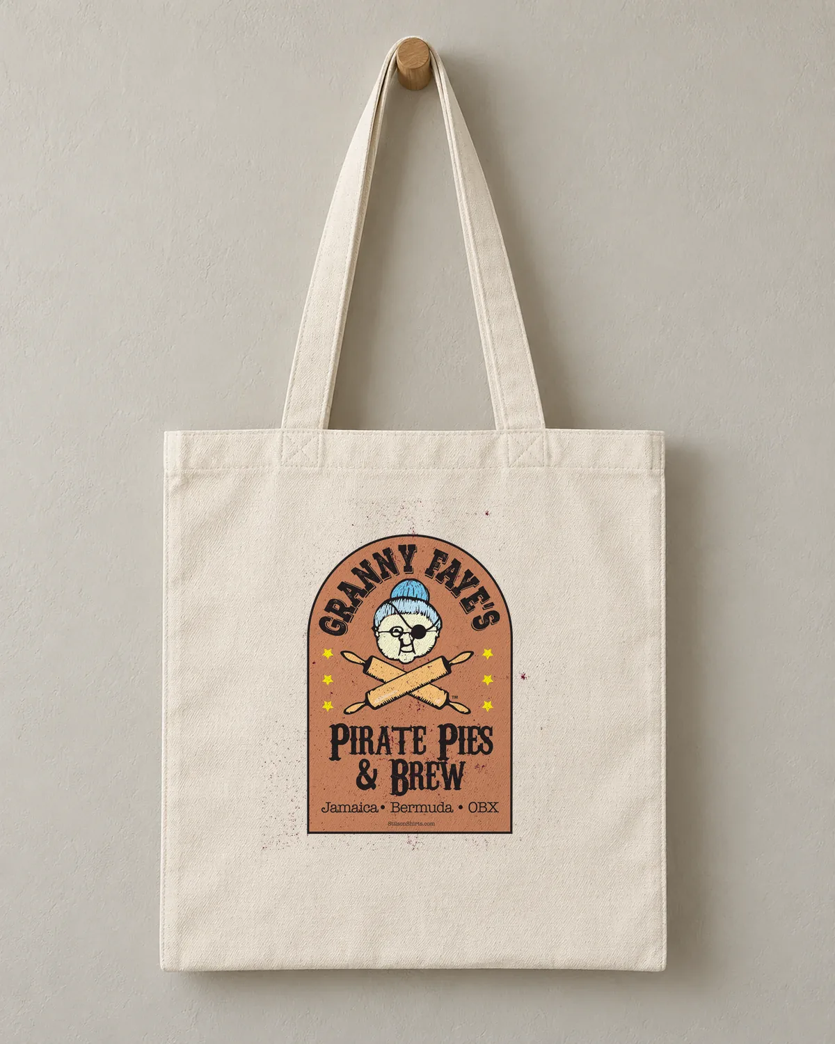 Granny Faye's Pirate Pies & Brew tee on a cotton tote