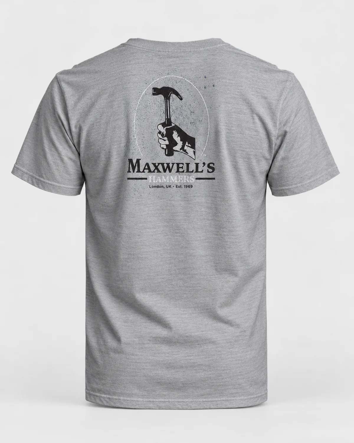 Hammer Works tee on a sport grey tee, back view