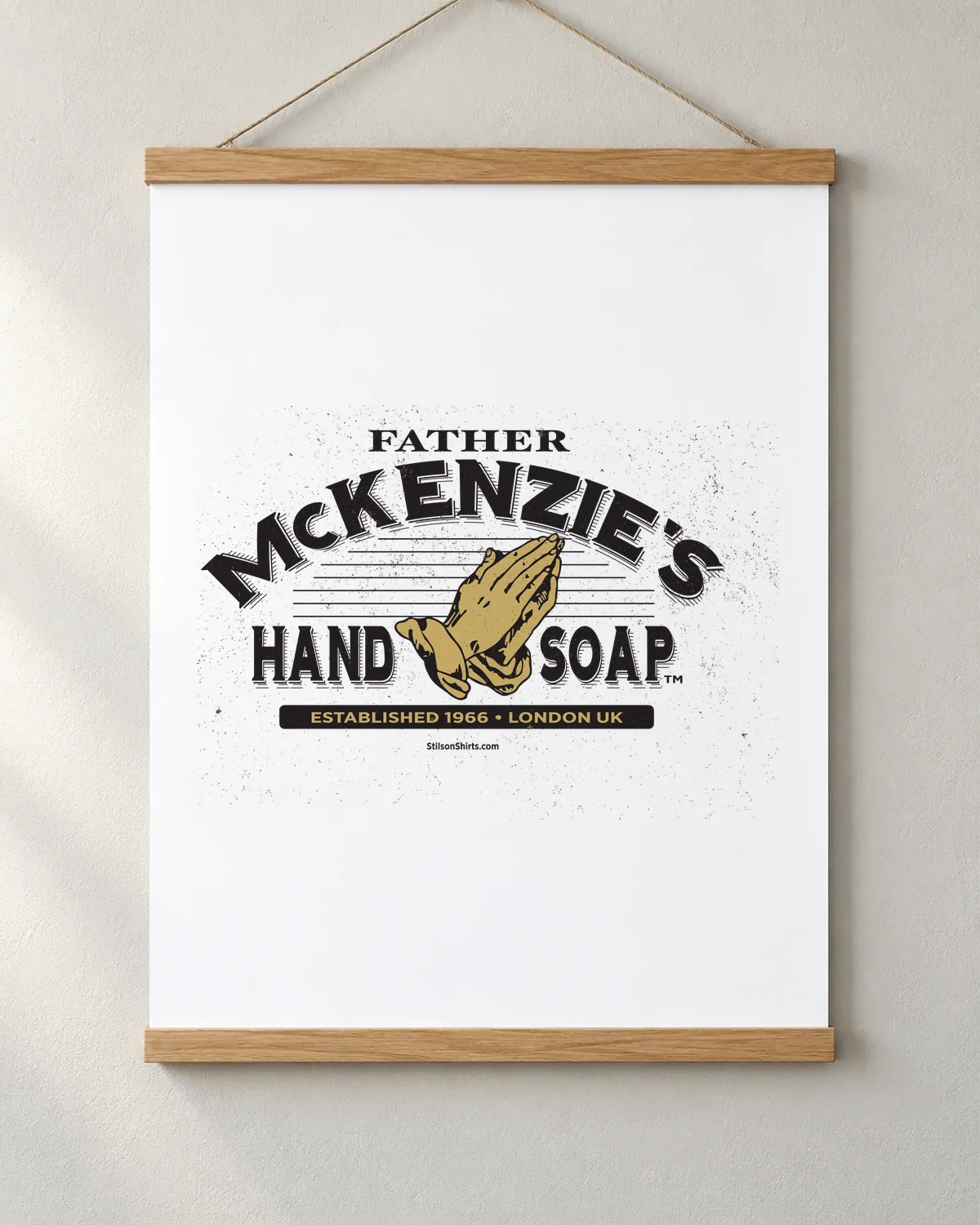 Praying Hands Soap Co. tee on a matte poster