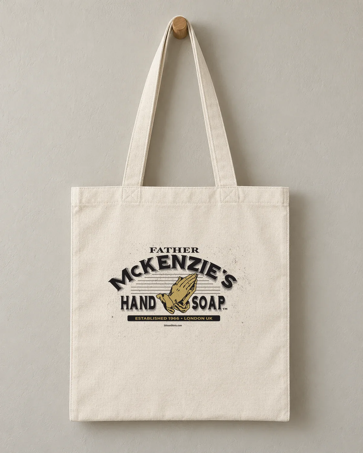 Praying Hands Soap Co. tee on a cotton tote
