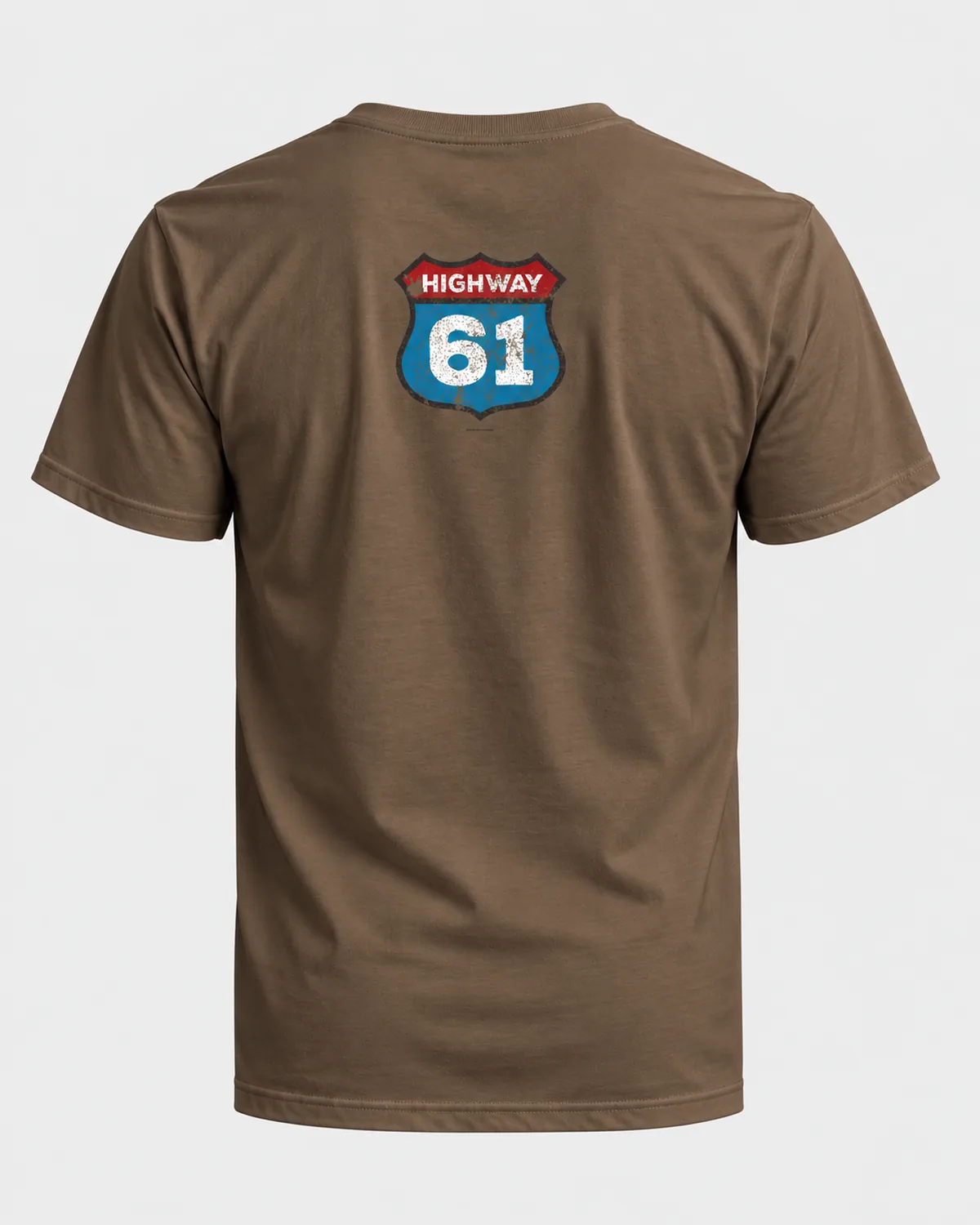 Highway 61 Shield tee on a chestnut tee, back view