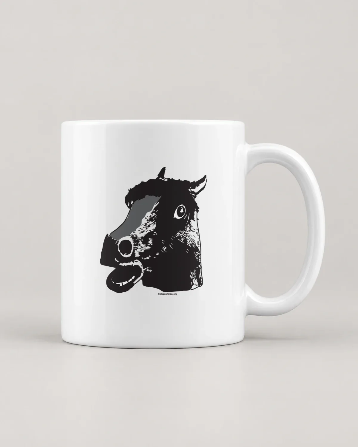 Horse Mask tee on a ceramic mug
