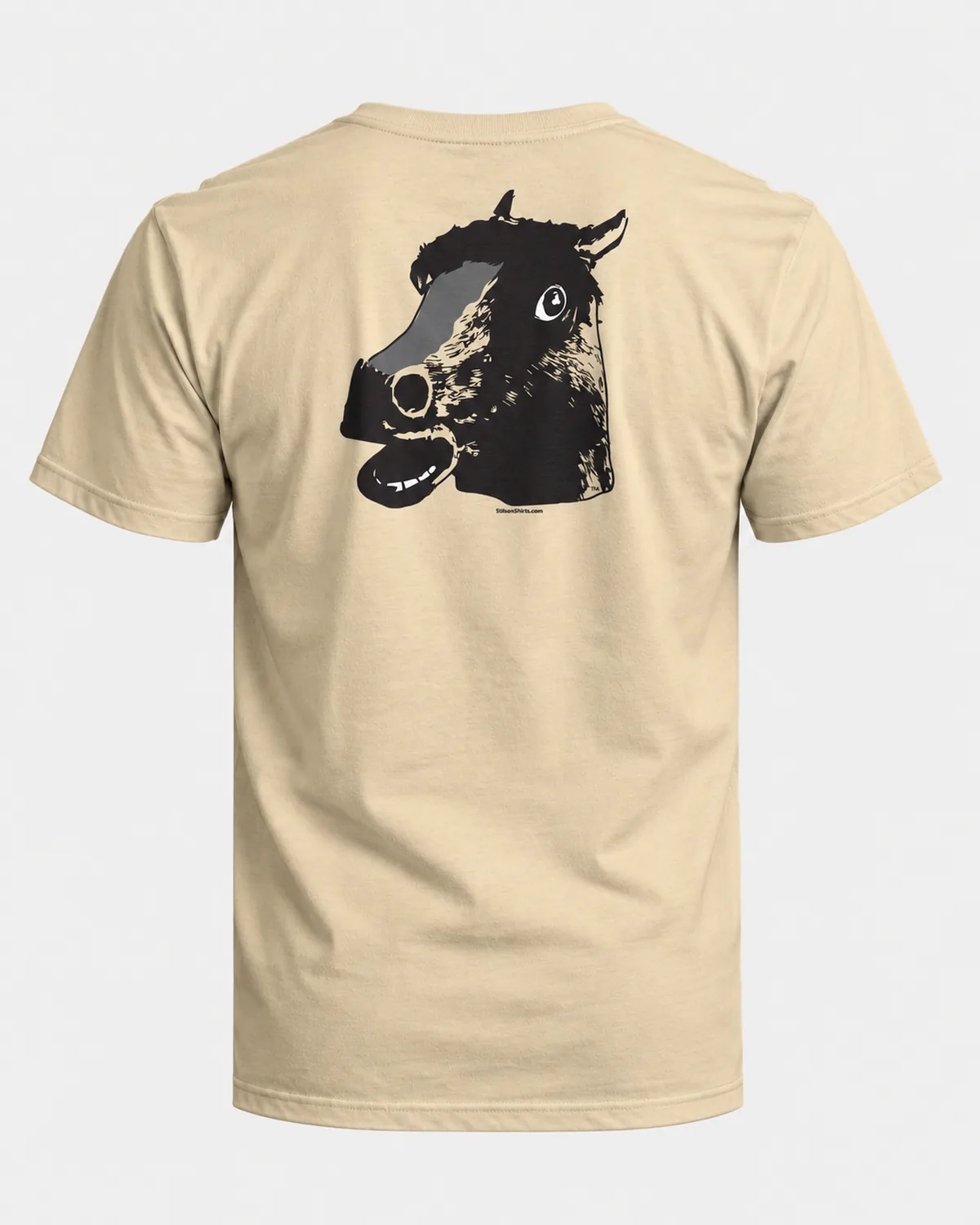 Horse Mask tee on a sand tee, back view