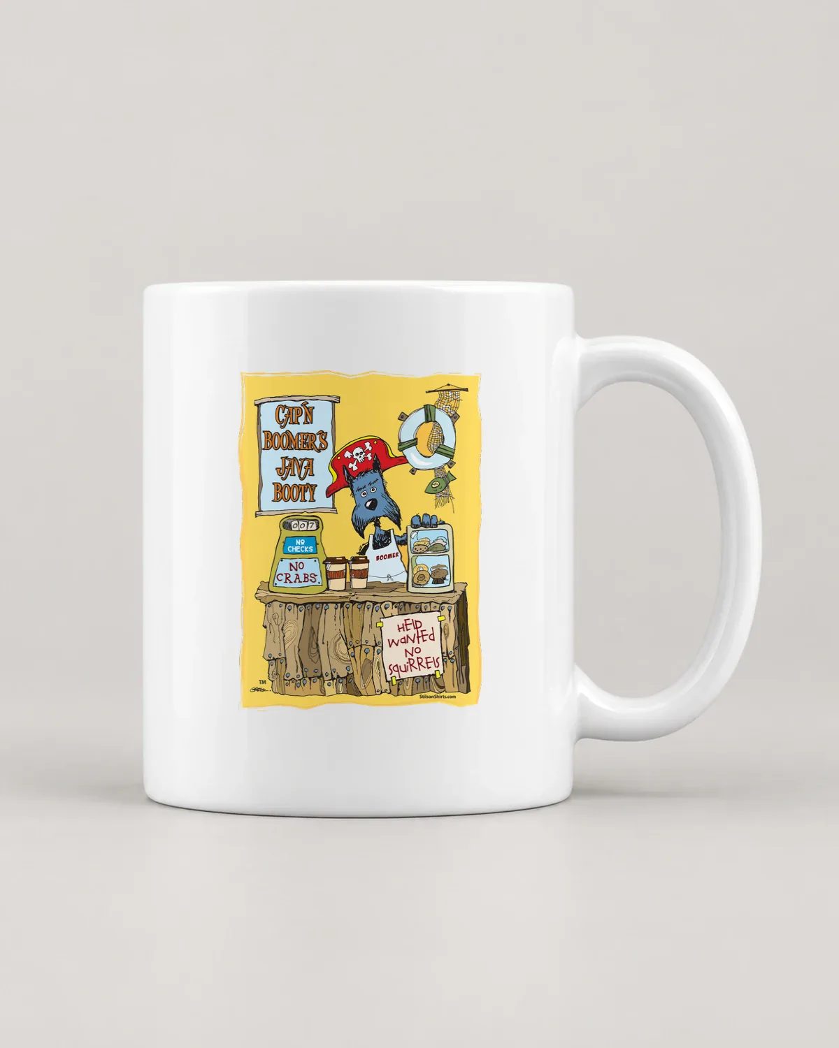 Cap'n Boomer's Java Booty tee on a ceramic mug