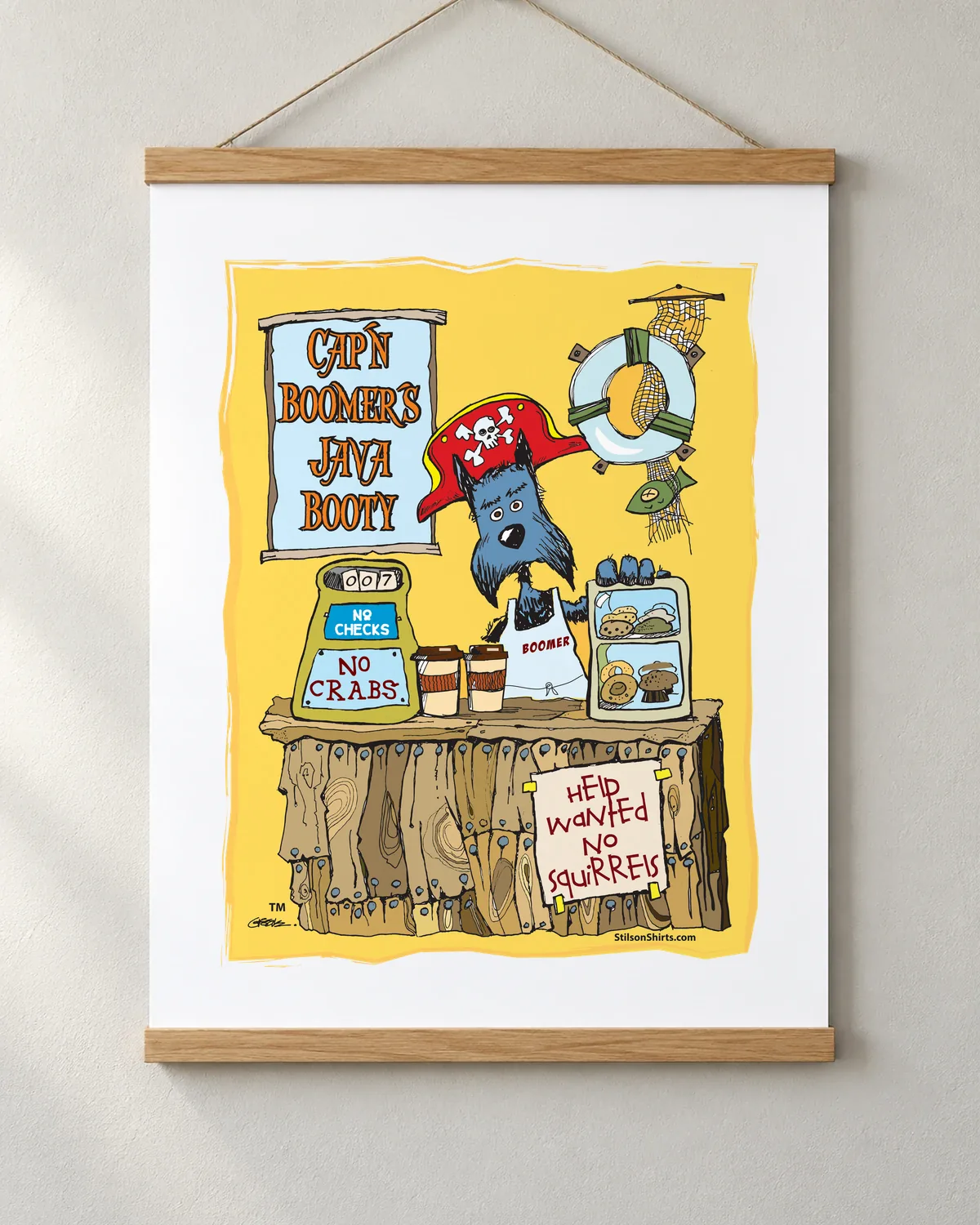 Cap'n Boomer's Java Booty tee on a matte poster