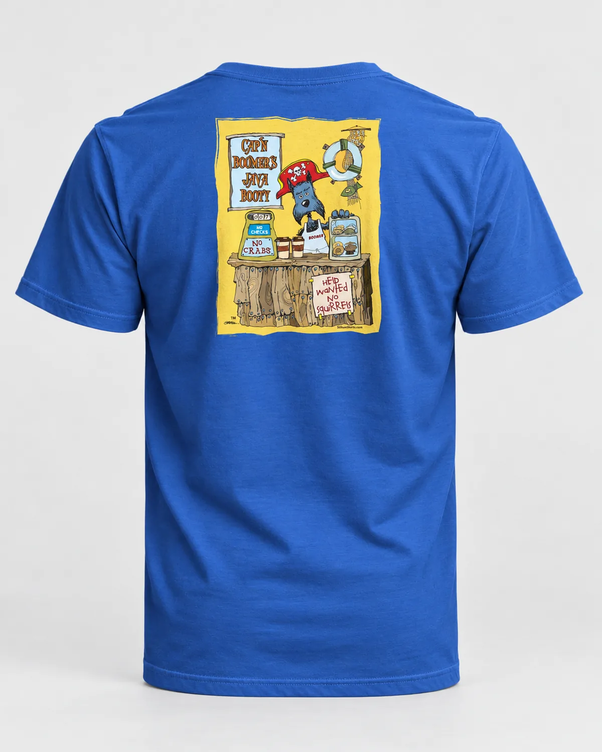 Cap'n Boomer's Java Booty tee printed on the back of a royal tee