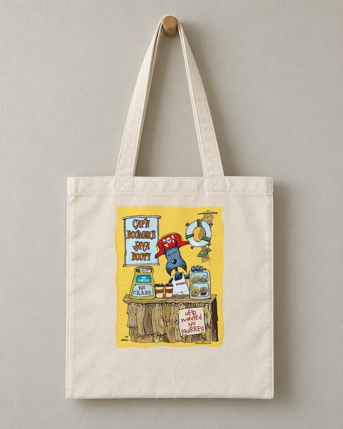 Cap'n Boomer's Java Booty tee on a cotton tote