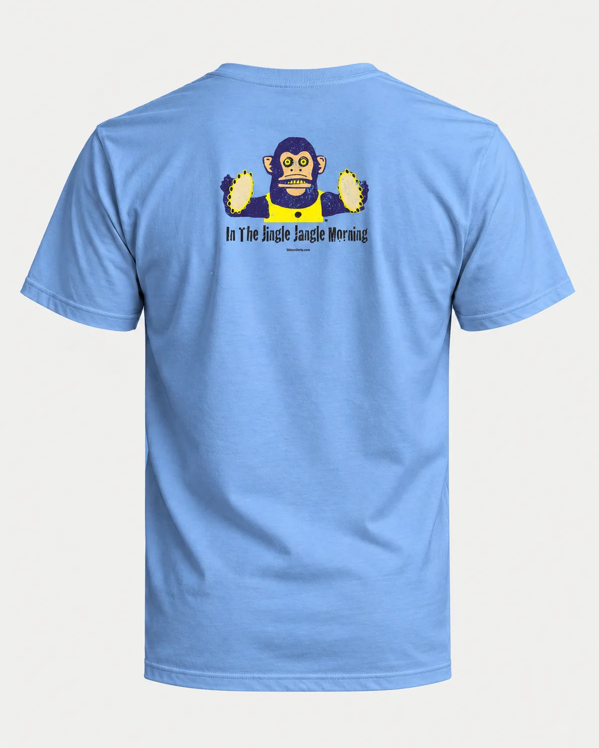 Cymbal Monkey Morning tee on a carolina blue tee, back view