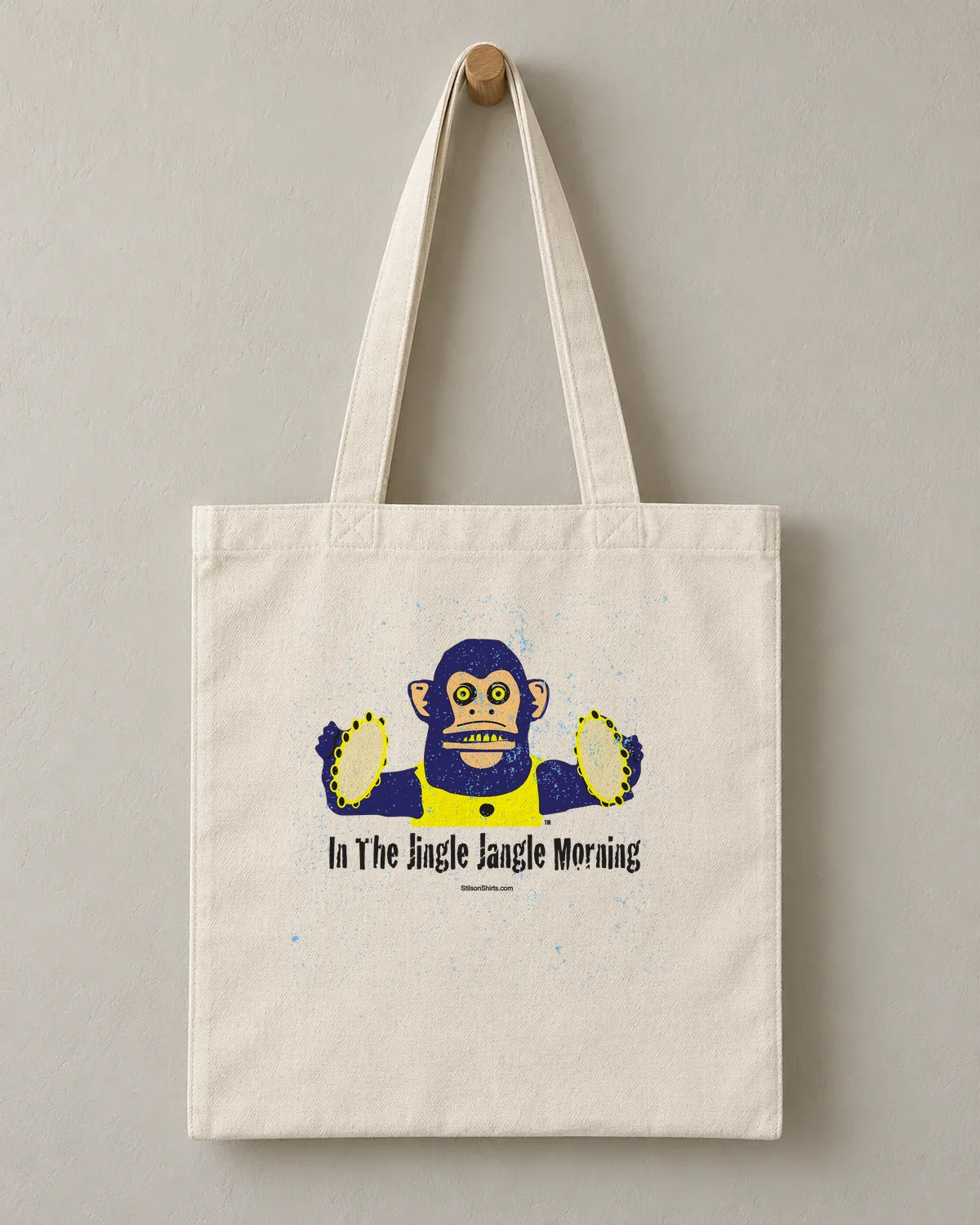 Cymbal Monkey Morning tee on a cotton tote
