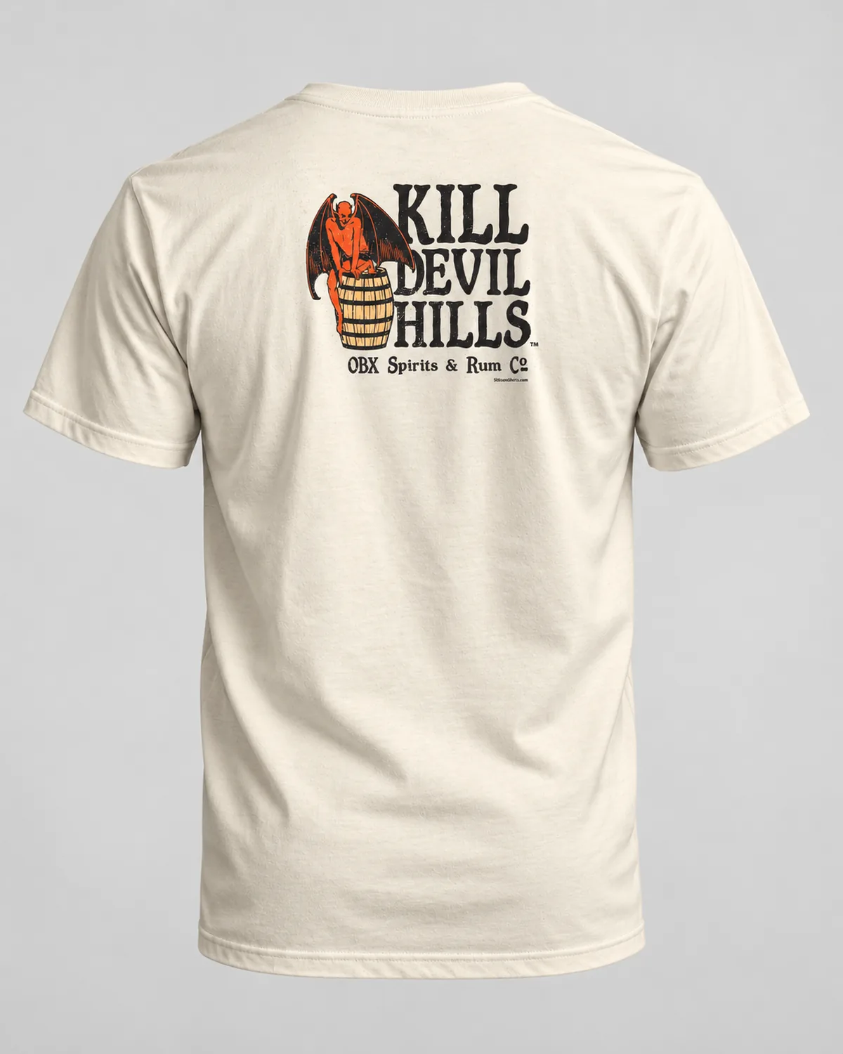 Kill Devil Hills Spirits & Rum tee on a natural tee, back view