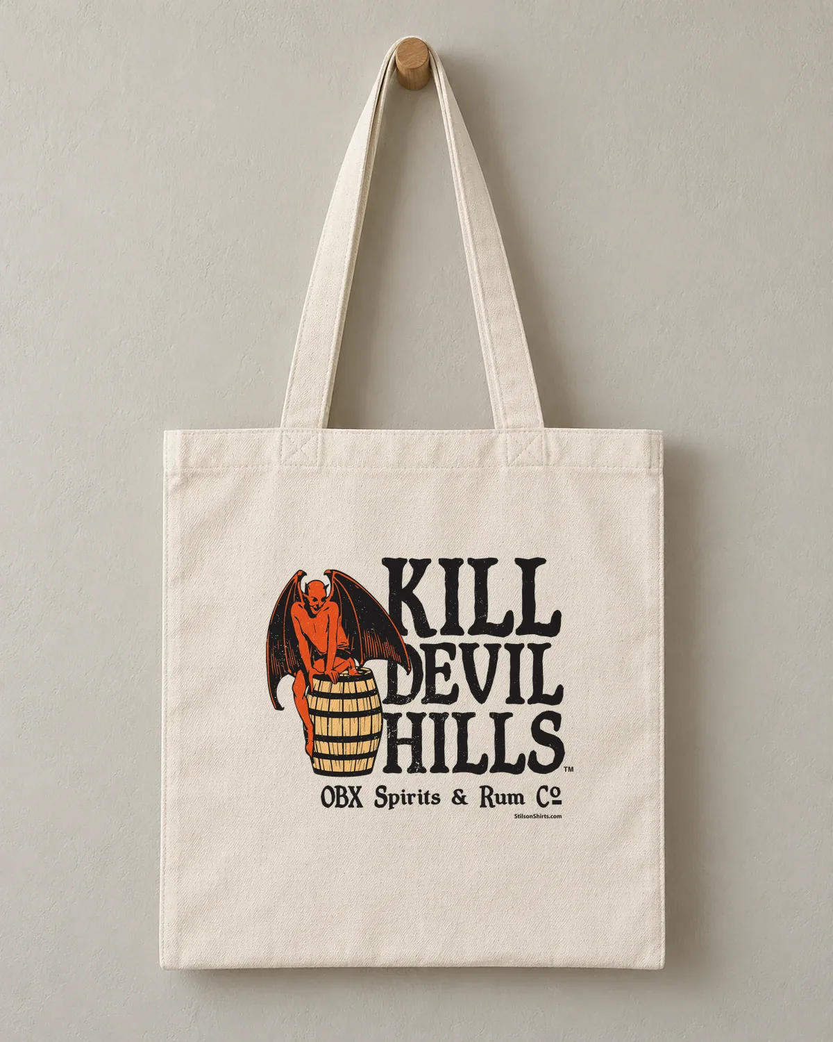 Kill Devil Hills Spirits & Rum tee on a cotton tote