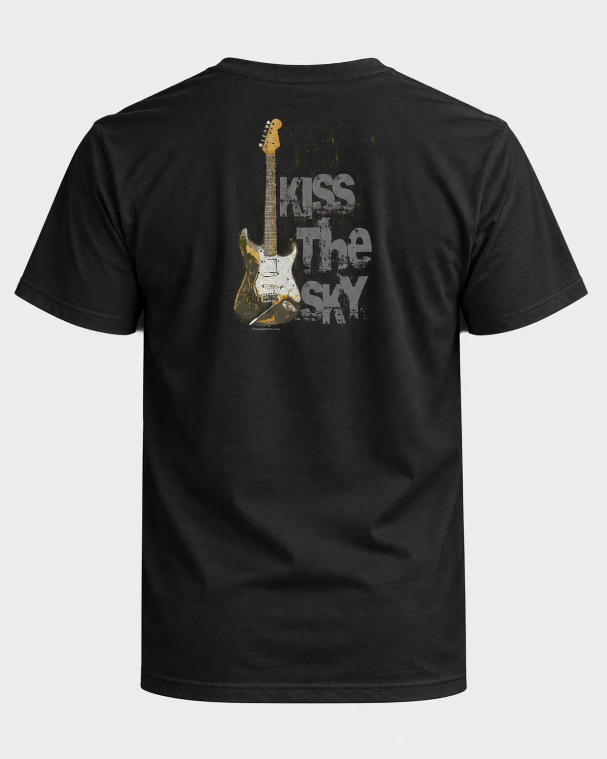 Kiss the Sky Guitar tee on a black tee, back view