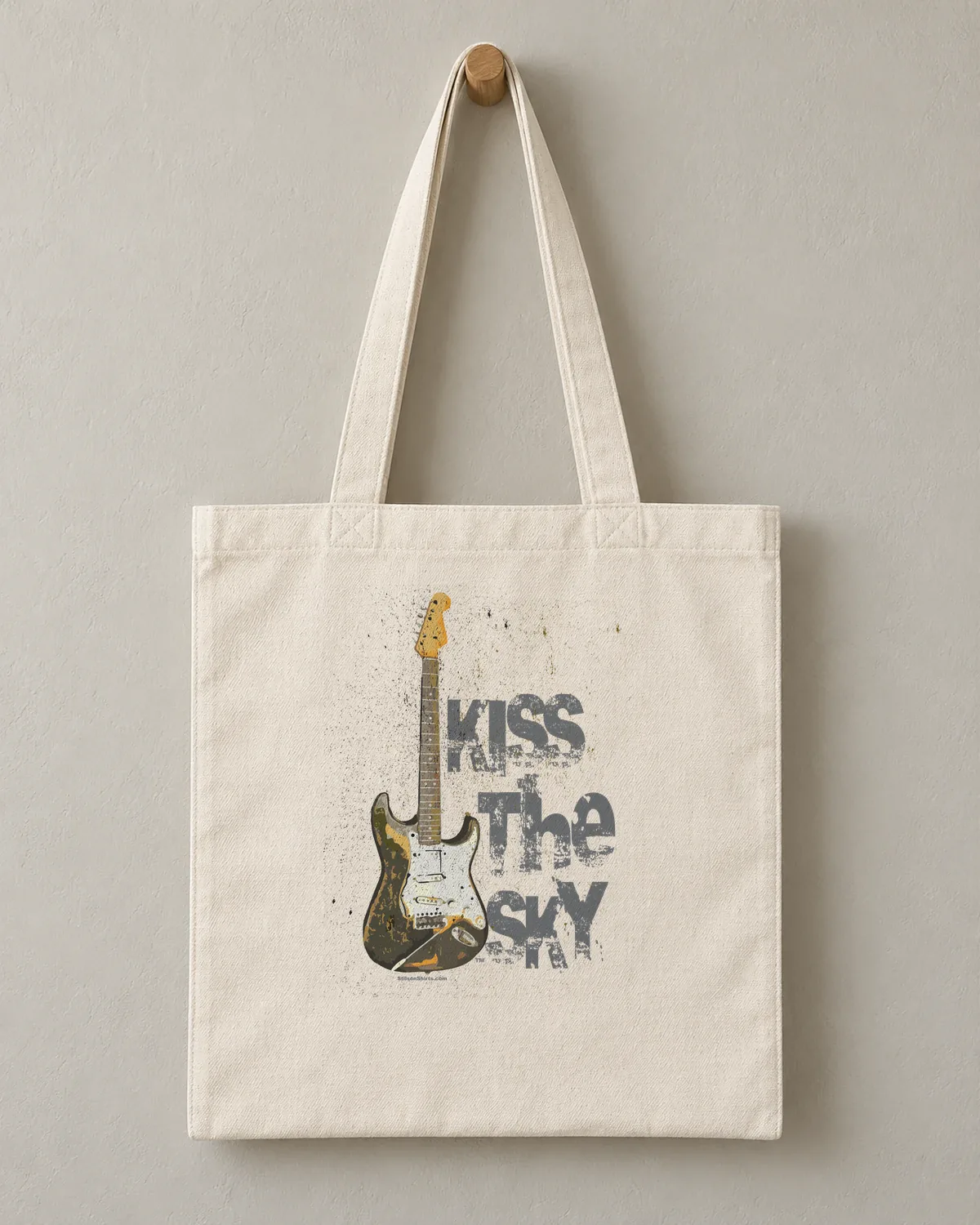 Kiss the Sky Guitar tee on a cotton tote